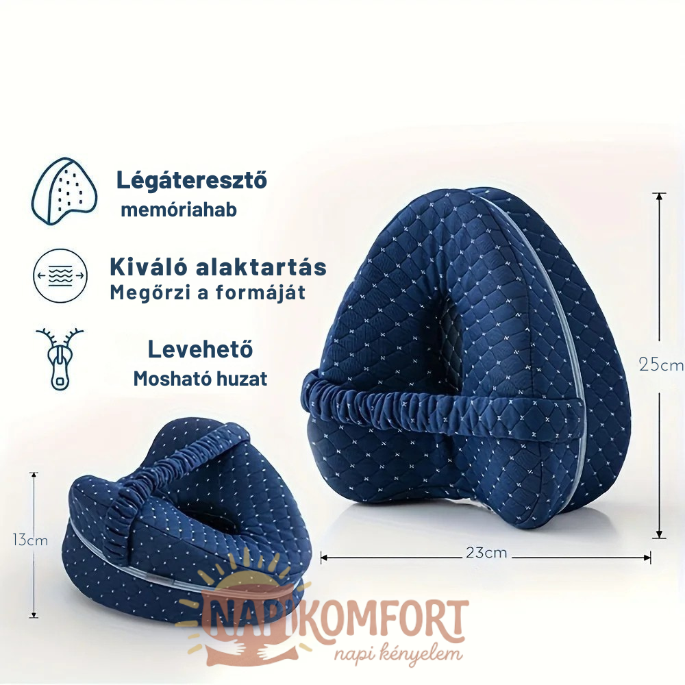 Kék memóriahabos párna levehető huzattal, méretek és fő tulajdonságok feltüntetve.