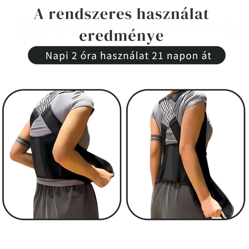 Tartásjavító hátpánt használat eredménye, két szögből, női modellen bemutatva