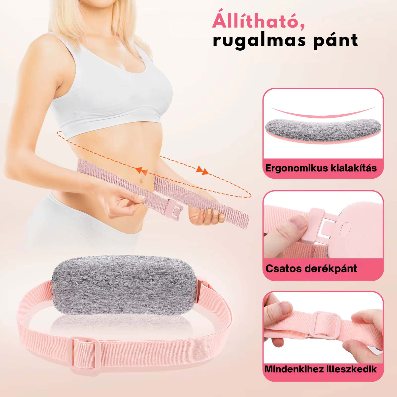 Állítható és rugalmas pántú menstruációs melegítő öv, ergonomikus kialakítással és kényelmes csatos rögzítéssel.