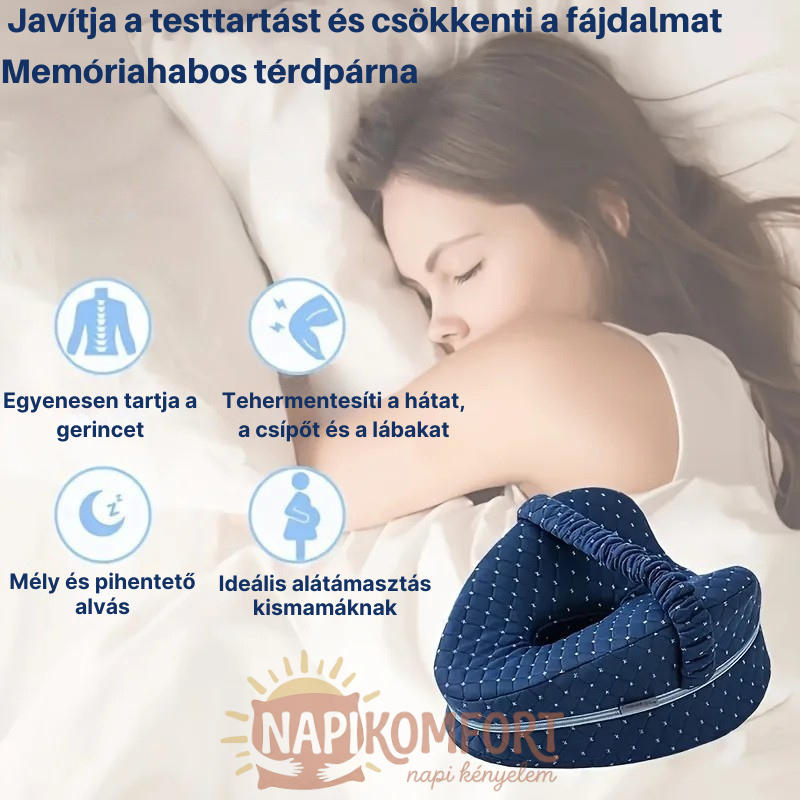 Nő alszik, mellette említett előnyökkel rendelkező memóriahabos térdpárna, egészség, alvás.