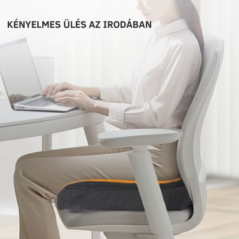 Ergonomikus ülőpárna irodai székben, nő dolgozik laptopon, kényelmes ülés munka közben
