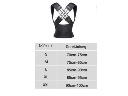 Tartásjavító hátmerevítő fekete színben, mérettáblázattal S-XXL derékbőség szerint