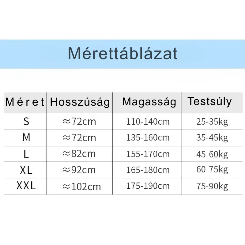 Mérettáblázat ruhákhoz, méretek, hosszúság, magasság és testsúly adatokkal.