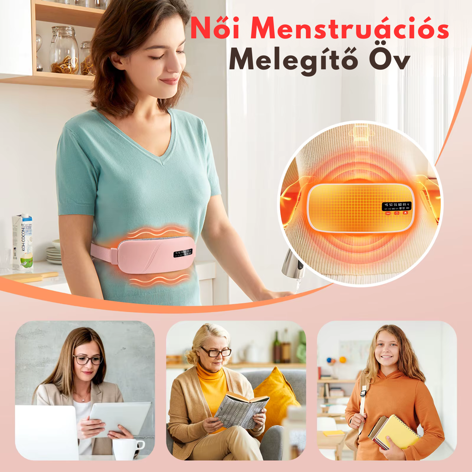 ői menstruációs melegítő öv diszkrét használat közben munka, olvasás és tanulás alatt.