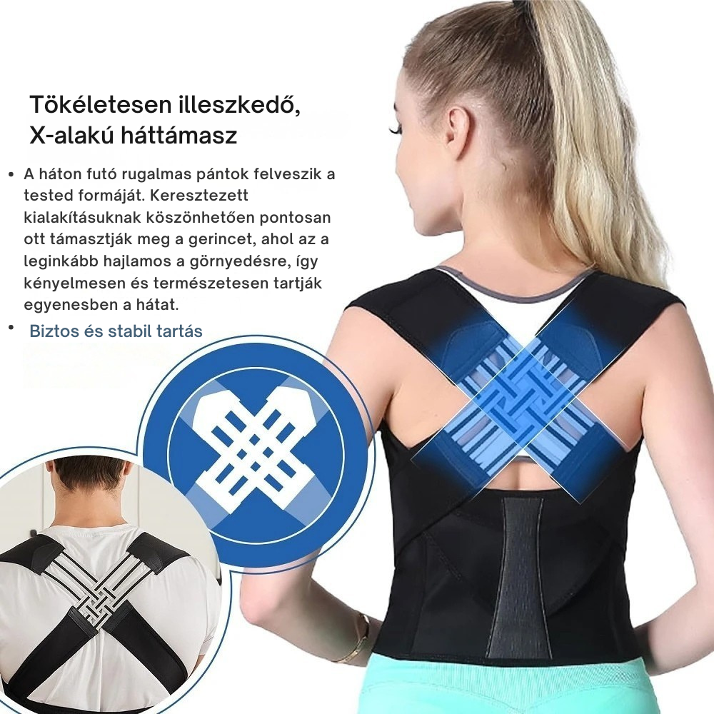 Női hátat ábrázoló kép X-alakú, ergonomikus hátpánttal, tartásjavító, kényelmes viselet