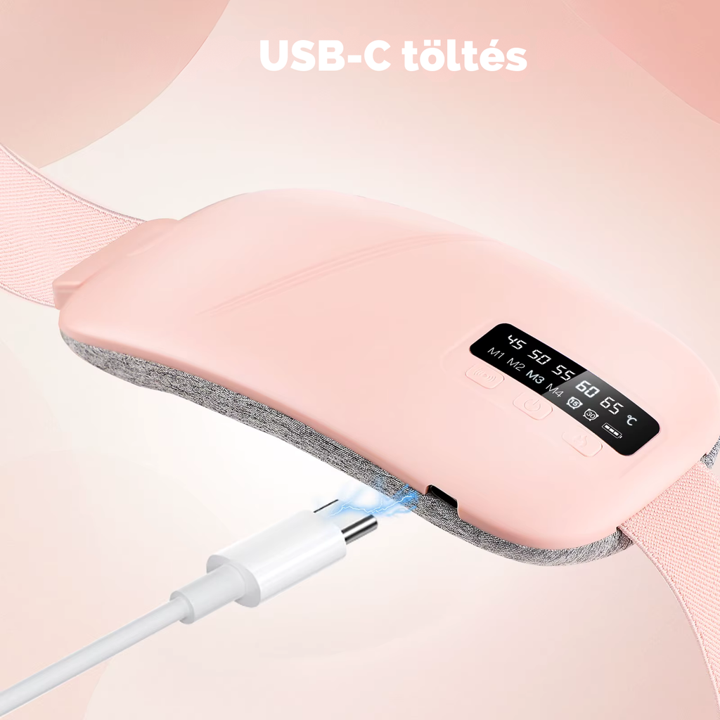 Vezeték nélküli menstruációs görcsoldó öv egyszerű és gyors USB-C típusú töltőcsatlakozással.